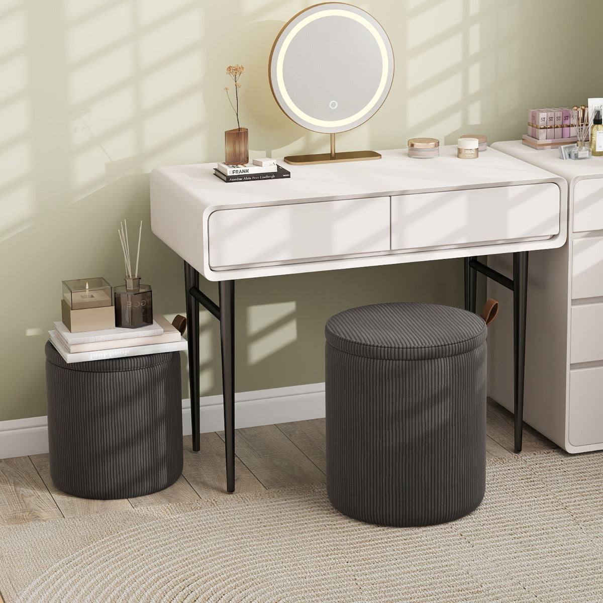 Pouf rotondo con contenitore set da 2 sgabelli a incastro con coperchi removibili, Pouf poggiapiedi in velluto a coste Grigio-Sgabelli