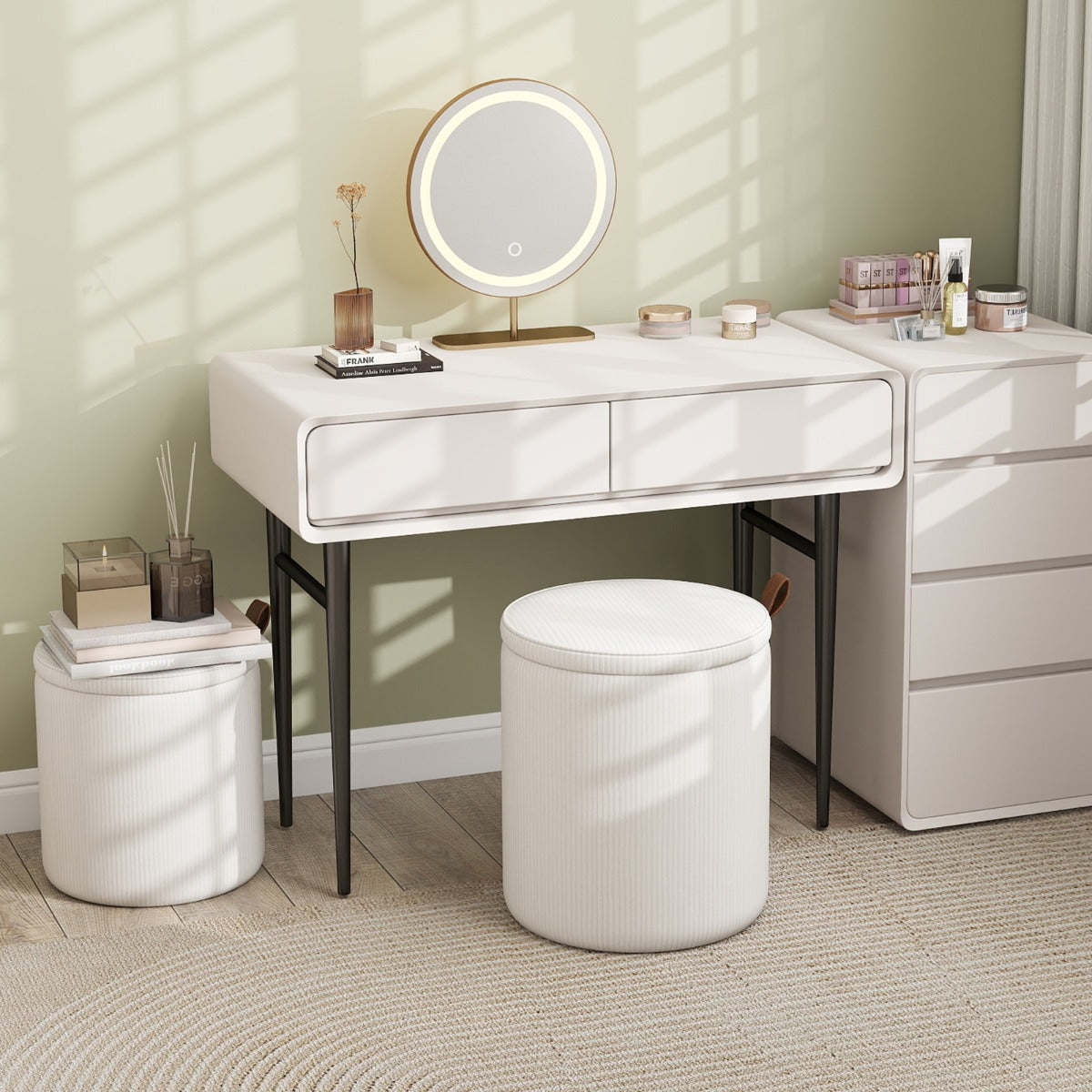 Pouf rotondo con contenitore set da 2 sgabelli a incastro con coperchi removibili, Pouf poggiapiedi in velluto a coste Bianco-Sgabelli