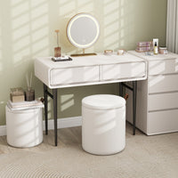 Pouf rotondo con contenitore set da 2 sgabelli a incastro con coperchi removibili, Pouf poggiapiedi in velluto a coste Bianco-Sgabelli