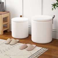Pouf rotondo con contenitore set da 2 sgabelli a incastro con coperchi removibili, Pouf poggiapiedi in velluto a coste Bianco-Sgabelli