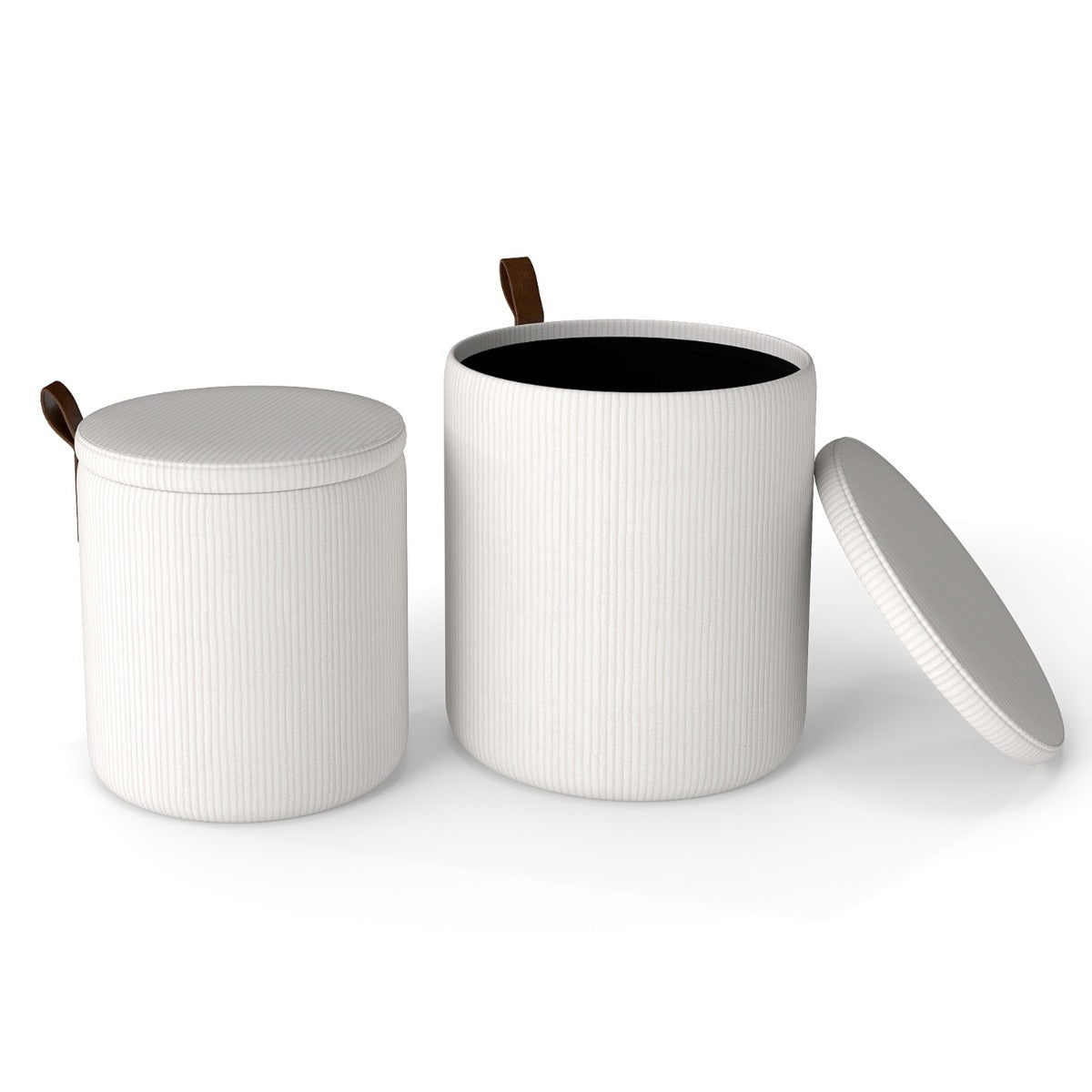 Pouf rotondo con contenitore set da 2 sgabelli a incastro con coperchi removibili, Pouf poggiapiedi in velluto a coste Bianco-Sgabelli