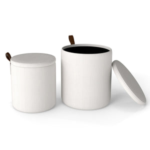 Pouf rotondo con contenitore set da 2 sgabelli a incastro con coperchi removibili, Pouf poggiapiedi in velluto a coste Bianco-Sgabelli
