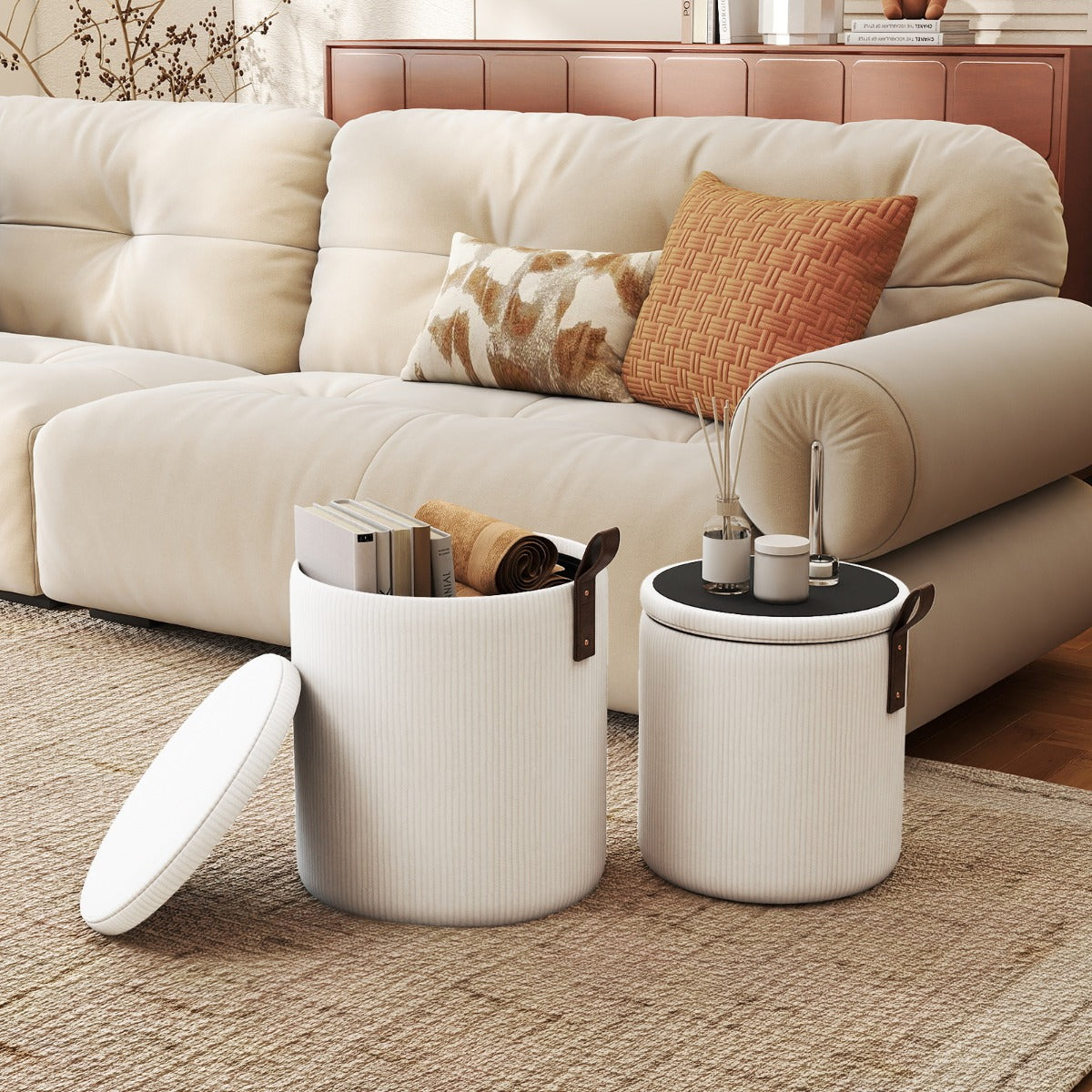 Pouf rotondo con contenitore set da 2 sgabelli a incastro con coperchi removibili, Pouf poggiapiedi in velluto a coste Bianco-Sgabelli