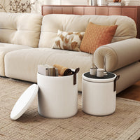 Pouf rotondo con contenitore set da 2 sgabelli a incastro con coperchi removibili, Pouf poggiapiedi in velluto a coste Bianco-Sgabelli