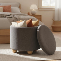 Pouf contenitore rotondo sgabello tessuto ciniglia coperchio rimovibile, Pouf contenitore spazio nascosto 35l Grigio-Sgabelli
