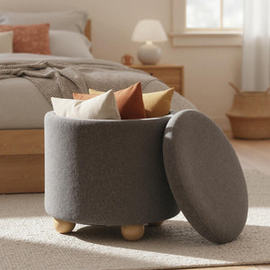 Pouf contenitore rotondo sgabello tessuto ciniglia coperchio rimovibile, Pouf contenitore spazio nascosto 35l Grigio-Sgabelli
