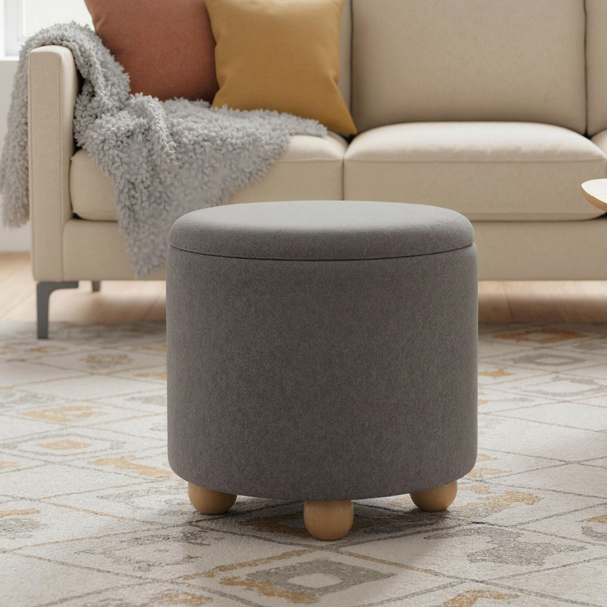 Pouf contenitore rotondo sgabello tessuto ciniglia coperchio rimovibile, Pouf contenitore spazio nascosto 35l Grigio-Sgabelli