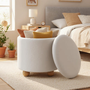 Pouf contenitore rotondo sgabello tessuto ciniglia coperchio rimovibile, Pouf contenitore spazio nascosto 35l Bianco-Sgabelli
