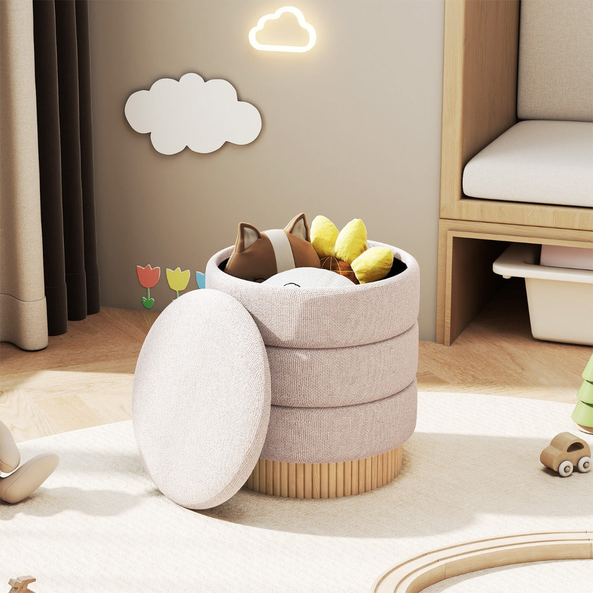 Pouf contenitore moderno rotondo sgabello con coperchio rimovibile e base in legno, Pouf seduta imbottita multifunzione-Sgabelli