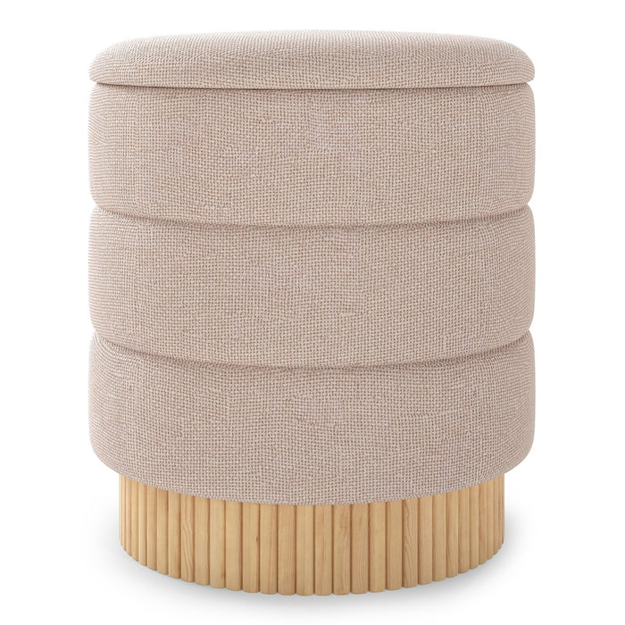 Pouf contenitore moderno rotondo sgabello con coperchio rimovibile e base in legno, Pouf seduta imbottita multifunzione-Sgabelli