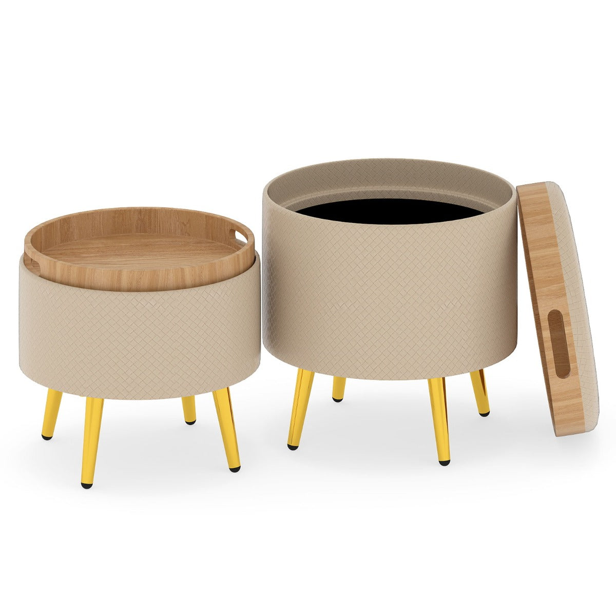 Set di 2 pouf contenitori poggiapiedi rotondi rivestiti in finta pelle con vassoi, Pouf soggiorno e camera da letto-Sgabelli