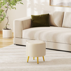 Set di 2 pouf contenitori poggiapiedi rotondi rivestiti in finta pelle con vassoi, Pouf soggiorno e camera da letto-Sgabelli
