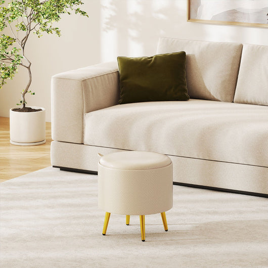 Set di 2 pouf contenitori poggiapiedi rotondi rivestiti in finta pelle con vassoi, Pouf soggiorno e camera da letto-Sgabelli