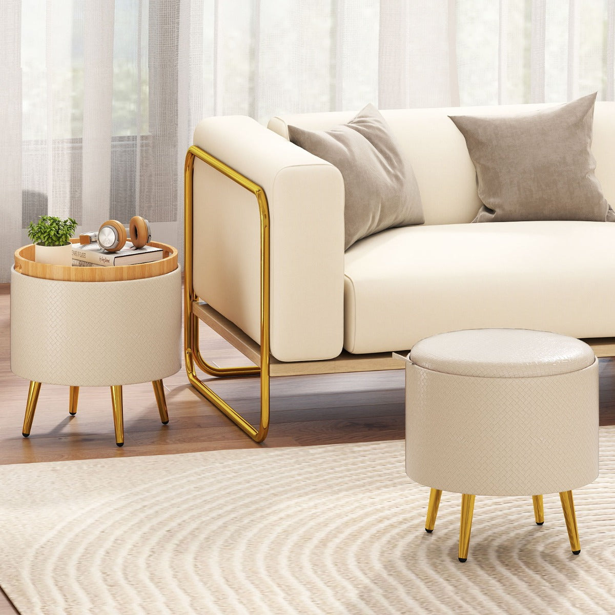 Set di 2 pouf contenitori poggiapiedi rotondi rivestiti in finta pelle con vassoi, Pouf soggiorno e camera da letto-Sgabelli