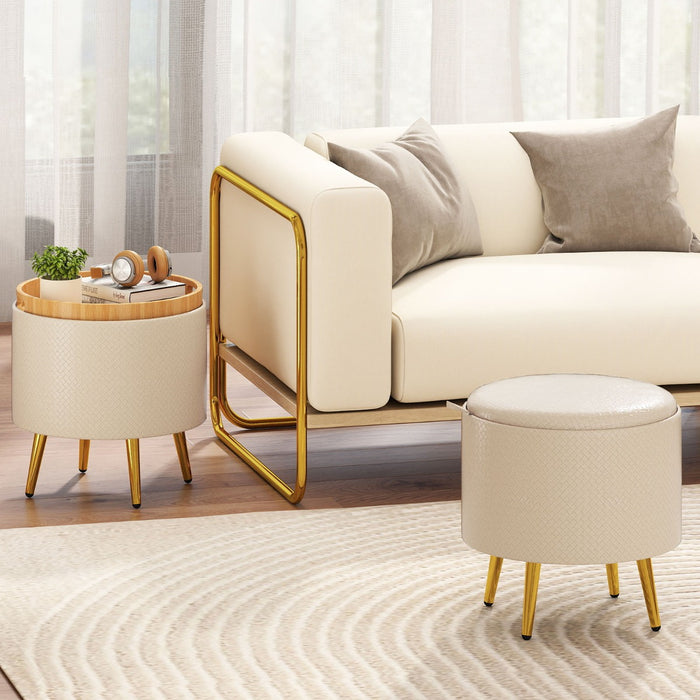 Set di 2 pouf contenitori poggiapiedi rotondi rivestiti in finta pelle con vassoi, Pouf soggiorno e camera da letto-Sgabelli
