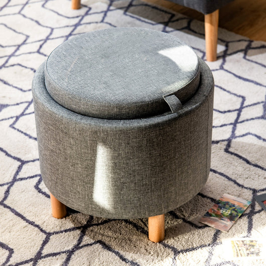 Pouf rotondo con contenitore vassoio base in legno massello e piedini antiscivolo, Poggiapiedi imbottito Grigio-Sgabelli