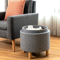 Pouf rotondo con contenitore vassoio base in legno massello e piedini antiscivolo, Poggiapiedi imbottito Grigio-Sgabelli