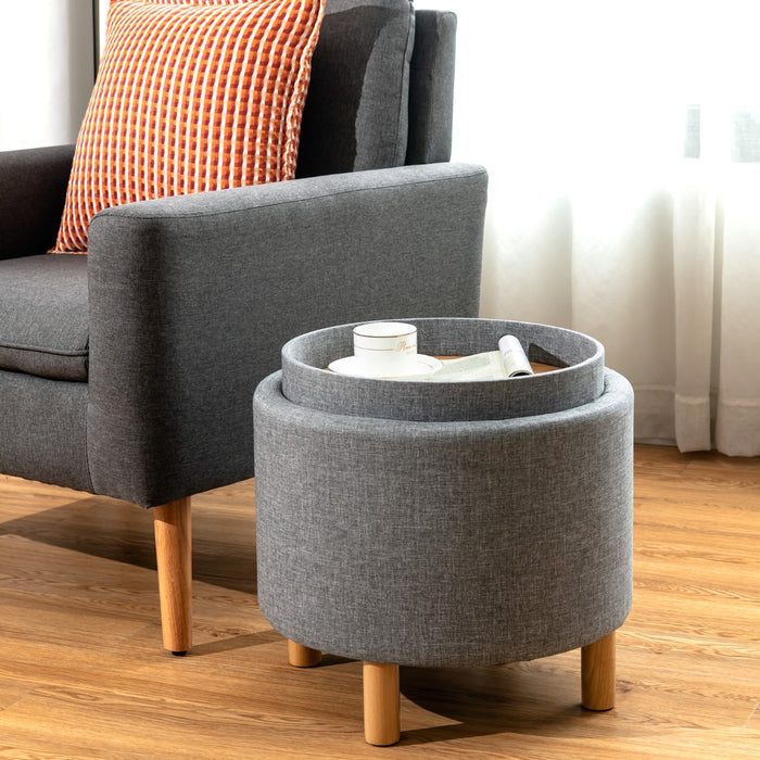 Pouf rotondo con contenitore vassoio base in legno massello e piedini antiscivolo, Poggiapiedi imbottito Grigio-Sgabelli