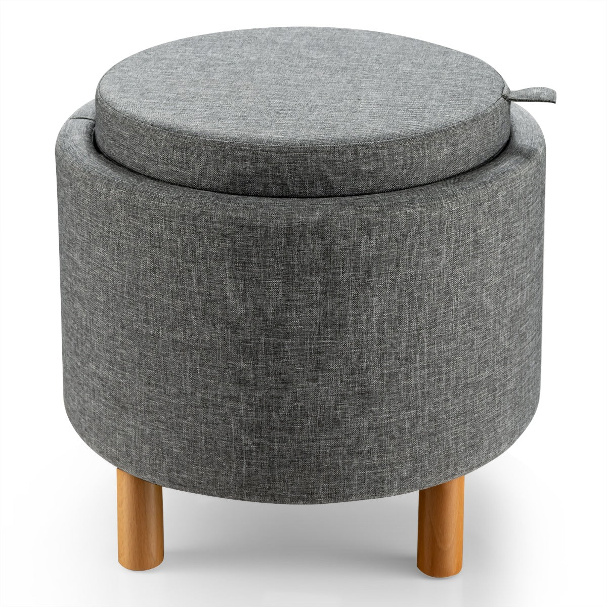 Pouf rotondo con contenitore vassoio base in legno massello e piedini antiscivolo, Poggiapiedi imbottito Grigio-Sgabelli