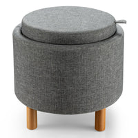 Pouf rotondo con contenitore vassoio base in legno massello e piedini antiscivolo, Poggiapiedi imbottito Grigio-Sgabelli
