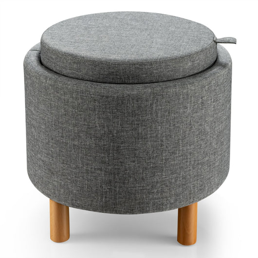 Pouf rotondo con contenitore vassoio base in legno massello e piedini antiscivolo, Poggiapiedi imbottito Grigio-Sgabelli