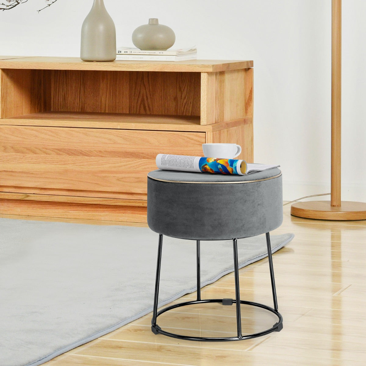 Pouf rotondo in velluto con base in metallo sedile imbottito spesso e piedini antiscivolo, Sgabello da trucco Grigio-Sgabelli