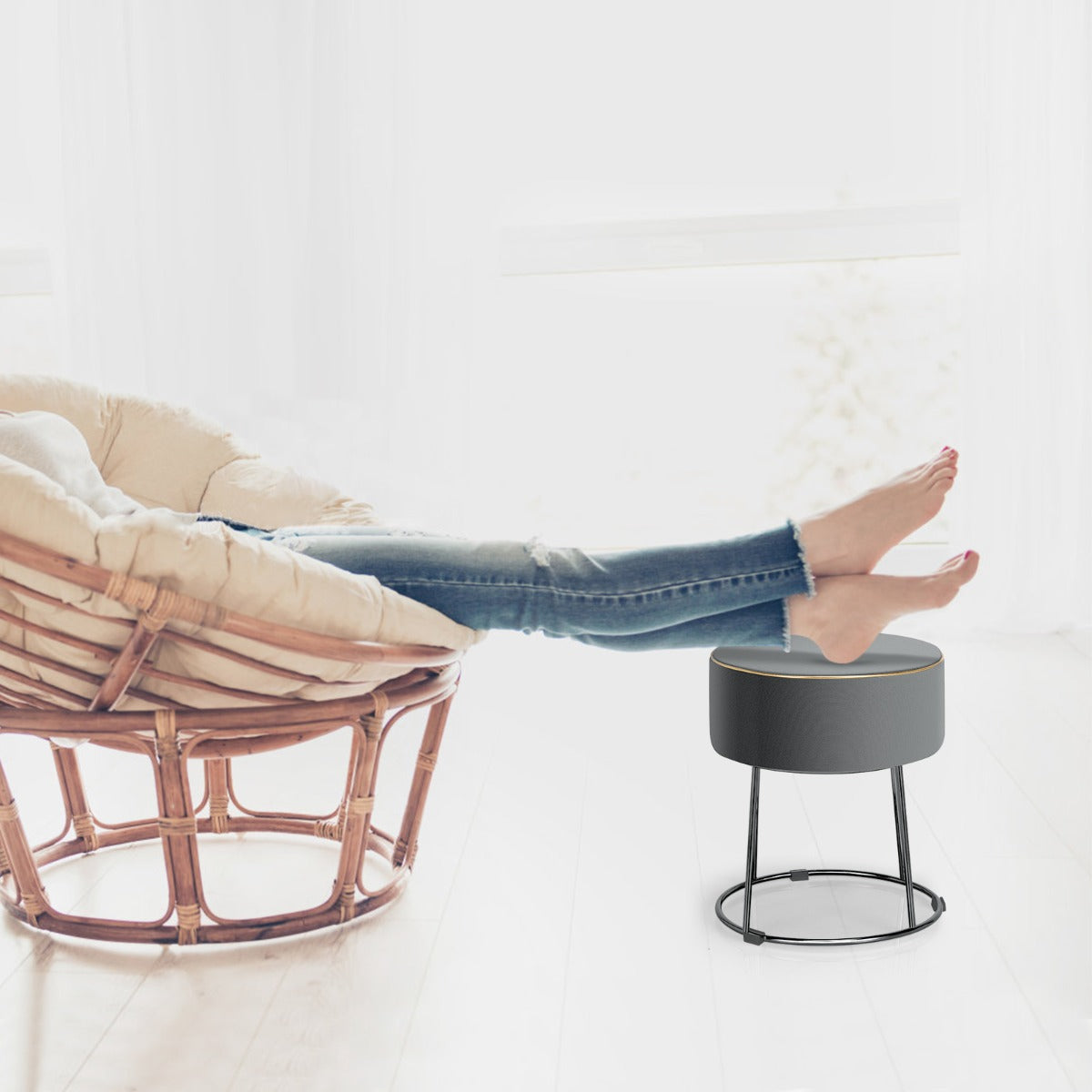 Pouf rotondo in velluto con base in metallo sedile imbottito spesso e piedini antiscivolo, Sgabello da trucco Grigio-Sgabelli