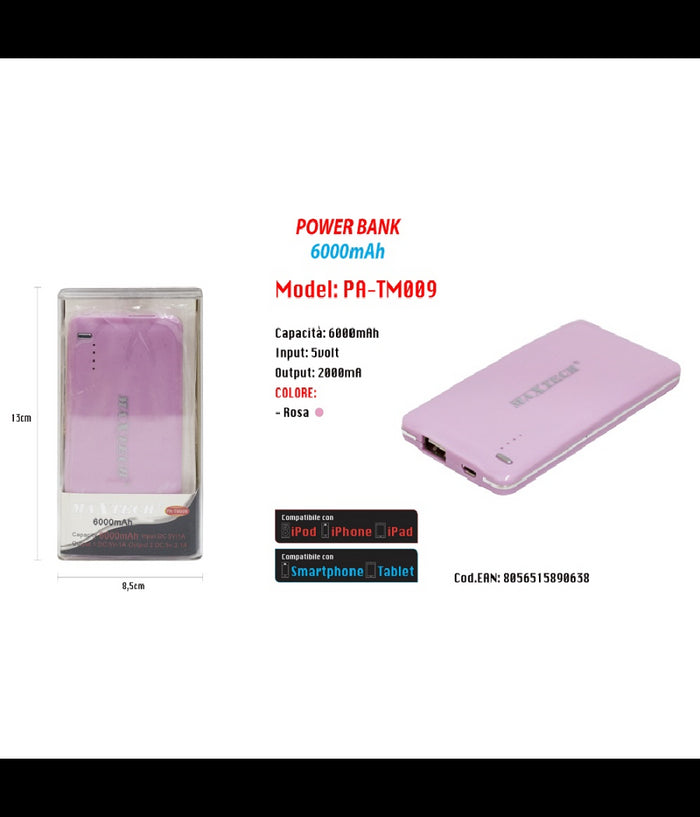 Power Bank 6000mah Batteria Portatile Caricatore Smartphone 5volt Pa-tm009 Maxtech         