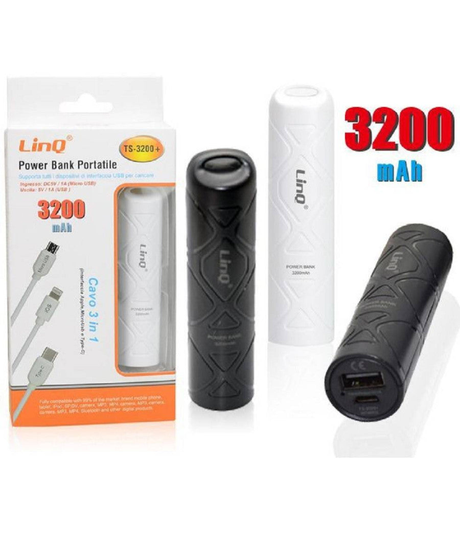 Power Bank Batteria Esterna Portatile Ricaricabile 3200mah Con Cavo 3in1 Ts-3200+         