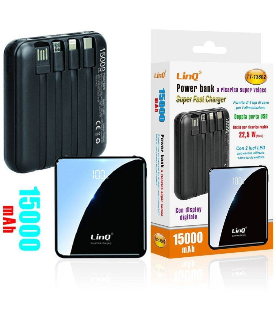 Power Bank Con Ricarica Super Veloce 22.5w 15000mah Display Lcd 4 Cavi Tt-13802         