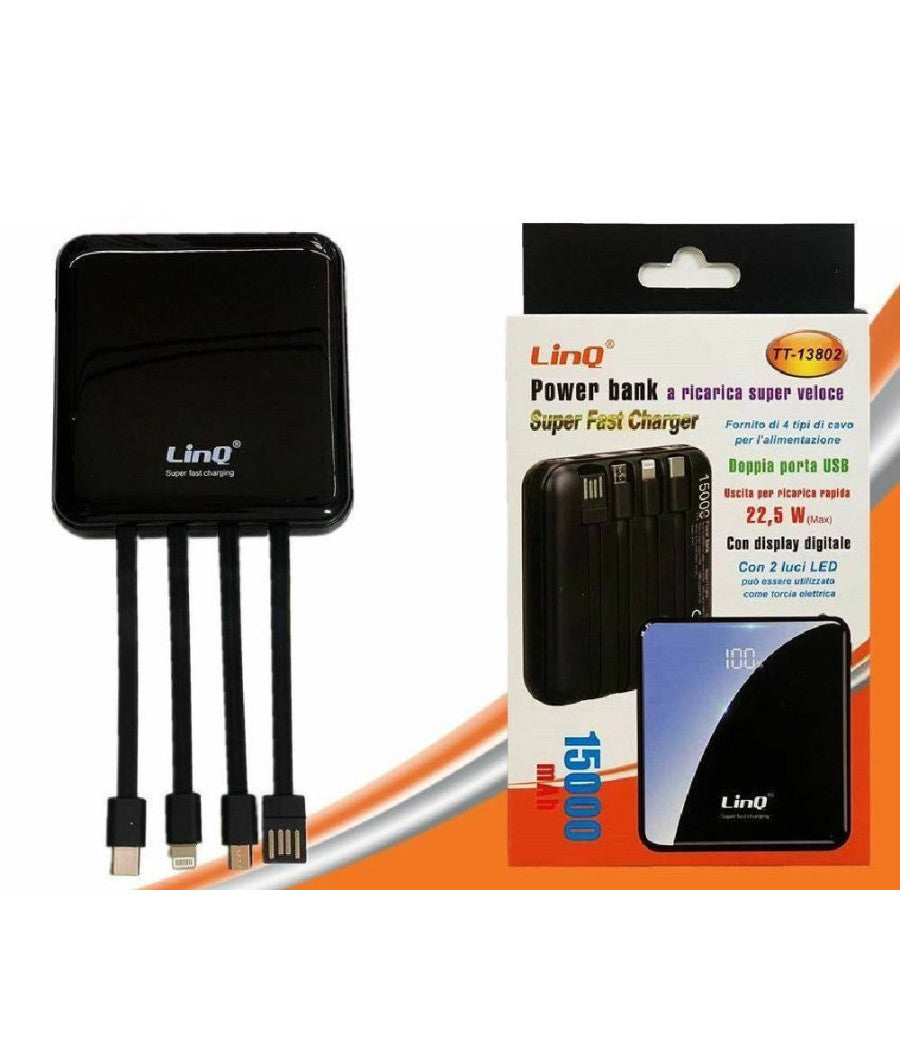 Power Bank Con Ricarica Super Veloce 22.5w 15000mah Display Lcd 4 Cavi Tt-13802         