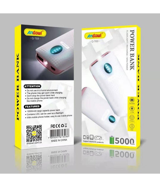 Power Bank Portatile 5000mah Con Torcia A Led 2 Porte Usb Ricarica Veloce Q-t69         