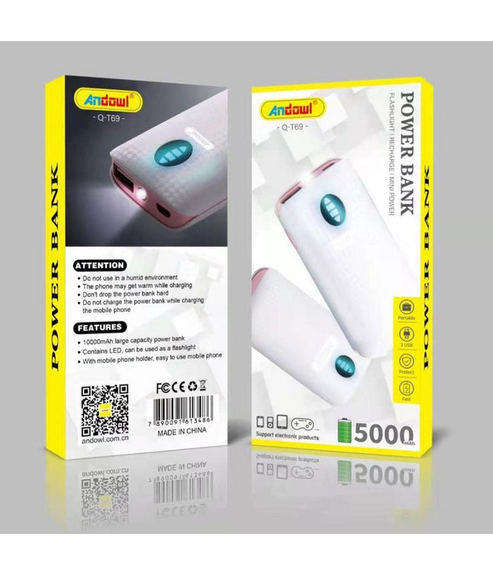 Power Bank Portatile 5000mah Con Torcia A Led 2 Porte Usb Ricarica Veloce Q-t69         