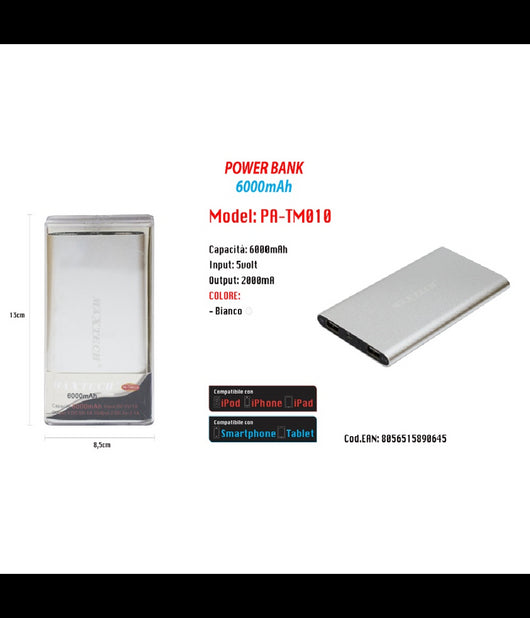 Power Bank Portatile 6000mah Per Smartphone Cellulare Tablet Maxtech Pa-tm010         