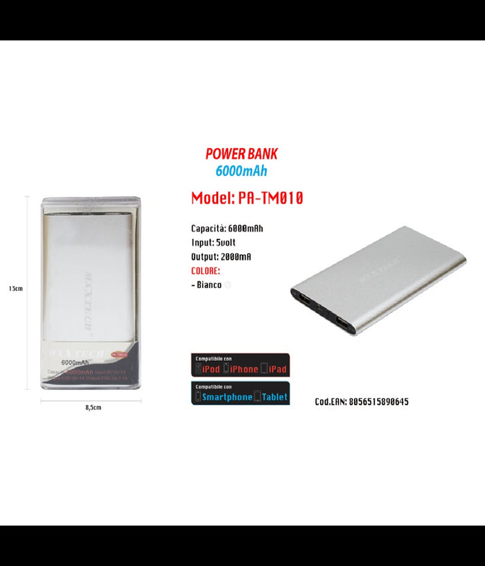 Power Bank Portatile 6000mah Per Smartphone Cellulare Tablet Maxtech Pa-tm010         