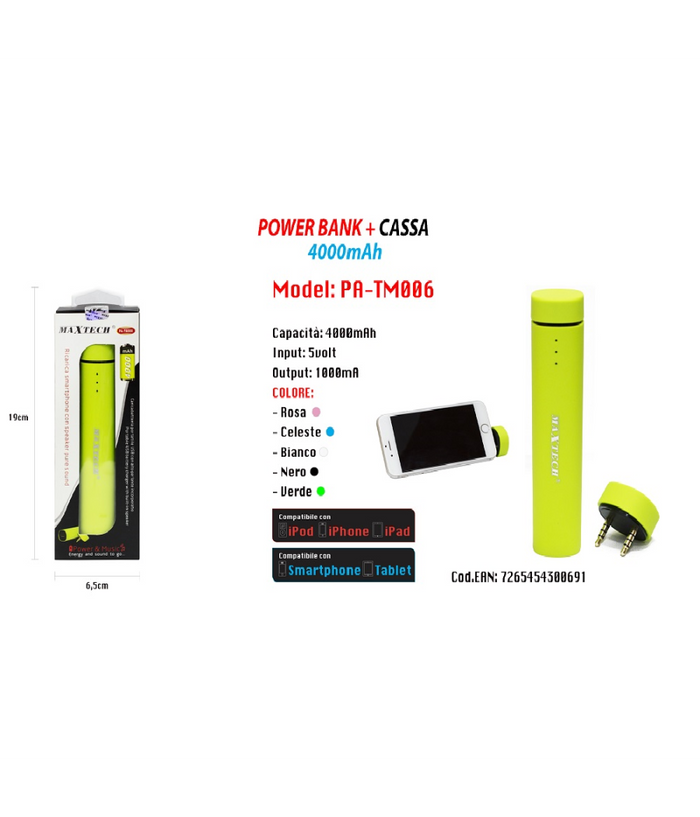 Trade Shop - Power Bank Portatile Per Smartphone Usb Altoparlante 4000mah Batteria Emergenza -