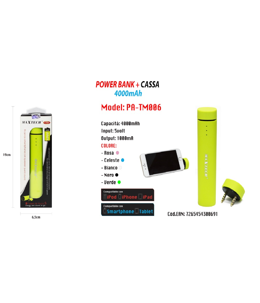 Trade Shop - Power Bank Portatile Per Smartphone Usb Altoparlante 4000mah Batteria Emergenza -