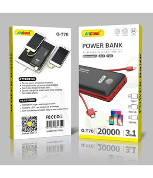 Power Bank Portatile Q-t70 3in1 20000mah Batteria Mobile Ricarica Rapida Luce Led         