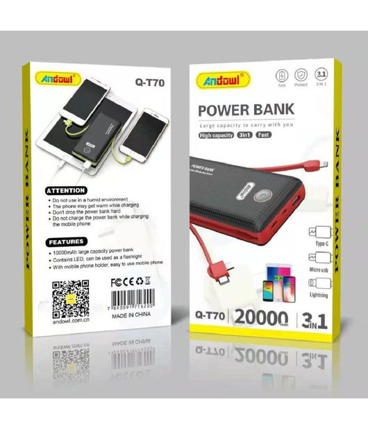 Power Bank Portatile Q-t70 3in1 20000mah Batteria Mobile Ricarica Rapida Luce Led         