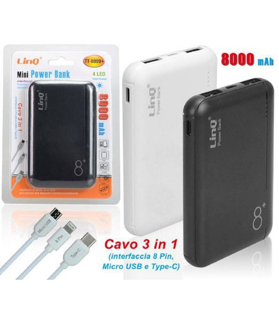 Power Bank Sottile Batteria Supplementare 8000 Mah Doppia Usb Cavo 3in1 Tt-8000+         