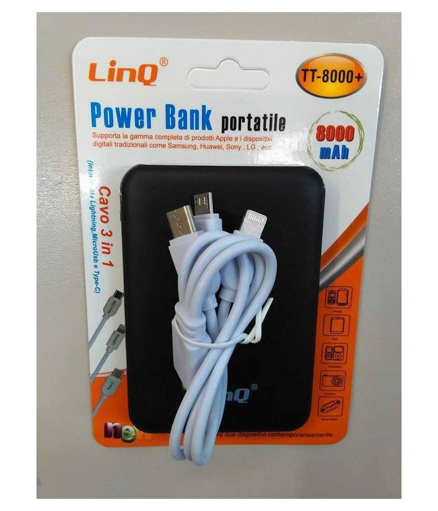 Power Bank Sottile Batteria Supplementare 8000 Mah Doppia Usb Cavo 3in1 Tt-8000+         