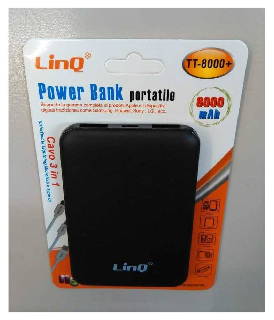 Power Bank Sottile Batteria Supplementare 8000 Mah Doppia Usb Cavo 3in1 Tt-8000+         