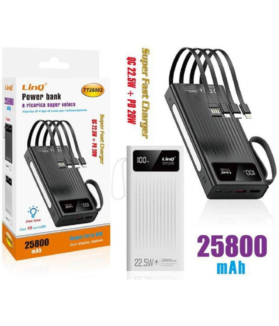 Powerbank Batteria Esterna A Ricarica Super Veloce 25800mah 22.5w Con Luce Tt26002         
