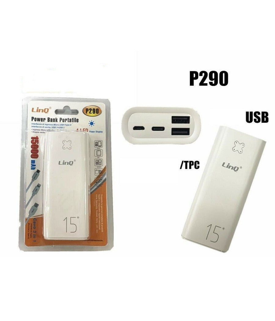 Powerbank Batteria Portatile 15000mah 2 Uscite Usb Type-c Linq P290         