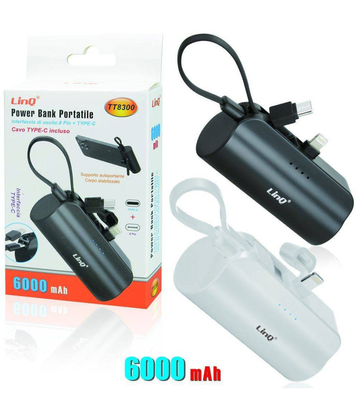 Powerbank Batteria Portatile 6000mah 2 Uscite Lightning 8pin + Cavo Type-c Tt8300         