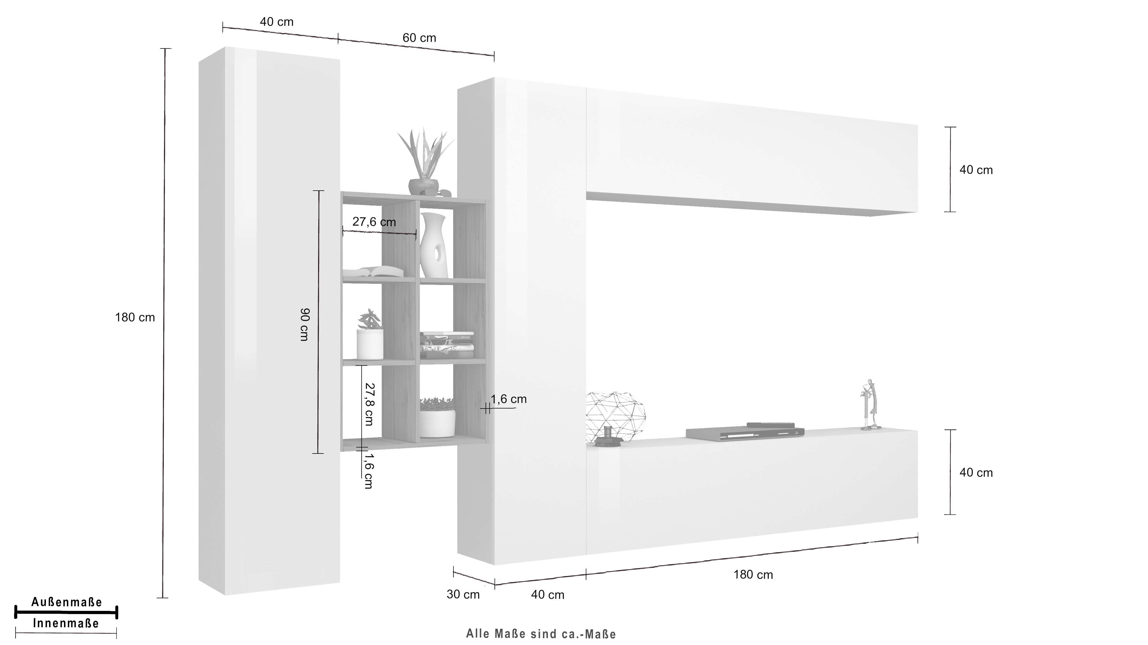 Parete attrezzata bianca mobile TV pensile sospeso 2 armadi libreria Sid WH