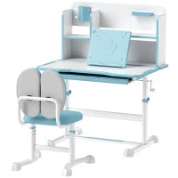 Set Scrivania e Sedia per Bambini Regolabili, Banco Scuola con Piano Inclinabile, Cassetto, Scaffale, Blu