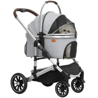 Carrello per Cani 3 in 1 Passeggino per Cani Pieghevole per Gatti Fino a 10 kg Carrello per Gatti con Cuscino Porta Bicchieri, Grigio Chiaro