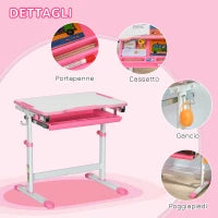 Banco Scuola per Bambini 6-12 Anni con Sedia e Altezza Regolabile, Piano Inclinabile, 66x47x52-77 cm, Rosa