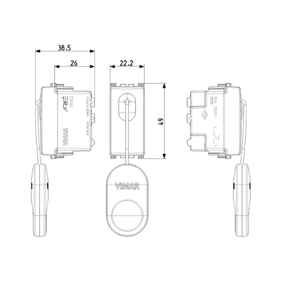 Vimar serie arkè 19052 pulsante 1p tirante con 1,5m cavo di trazione e manopola *** colore grigio, confezione 1